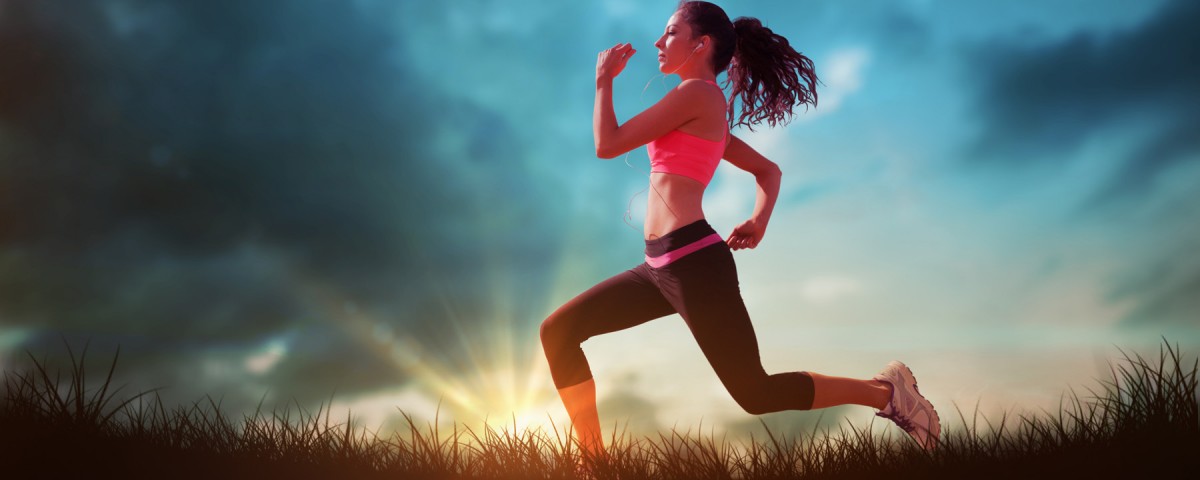 Composite image of full length of healthy woman jogging