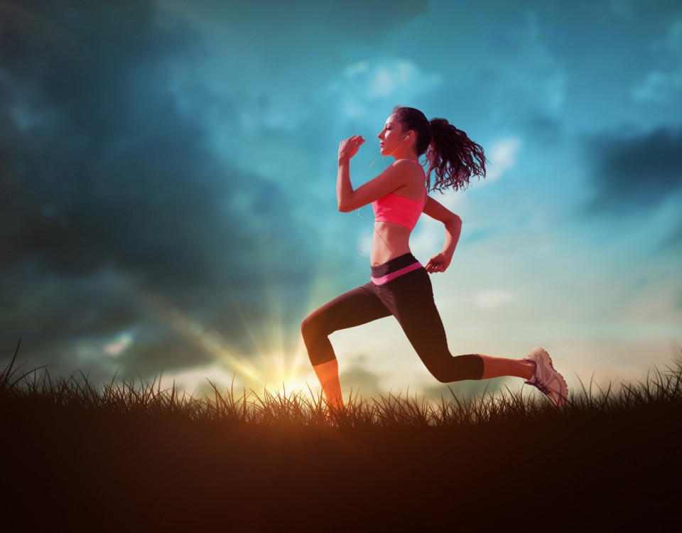 Composite image of full length of healthy woman jogging