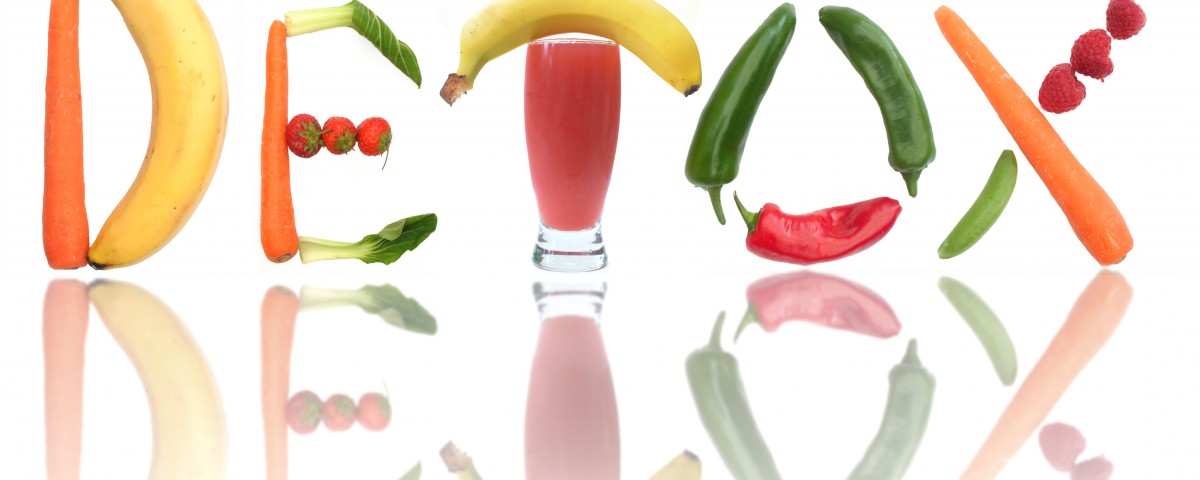 Detox text letters including fruit, vegetables and a smoothie beverage