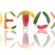 Detox text letters including fruit, vegetables and a smoothie beverage